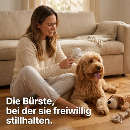 Frau bürstet entspannten Goldendoodle mit der Fellsinn Nebelbürste™ im Wohnzimmer