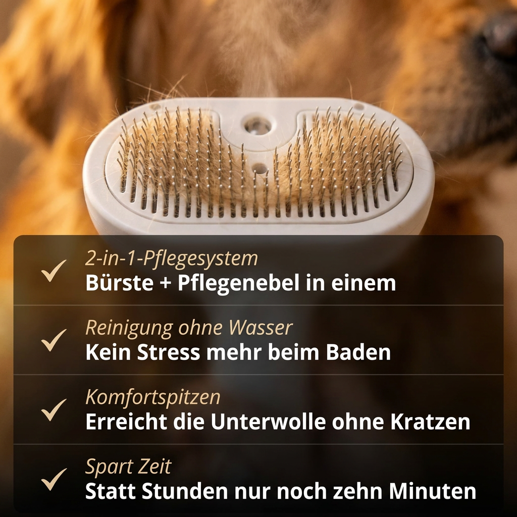 Fellsinn Nebelbürste™ mit Pflegelösung im Einsatz, kühler Nebel beim Bürsten
