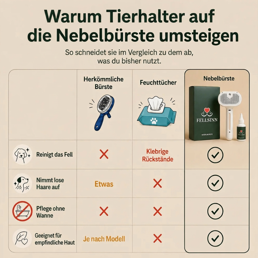 Vergleich: Fellsinn Nebelbürste™ gegenüber herkömmlicher Bürste und Feuchttüchern