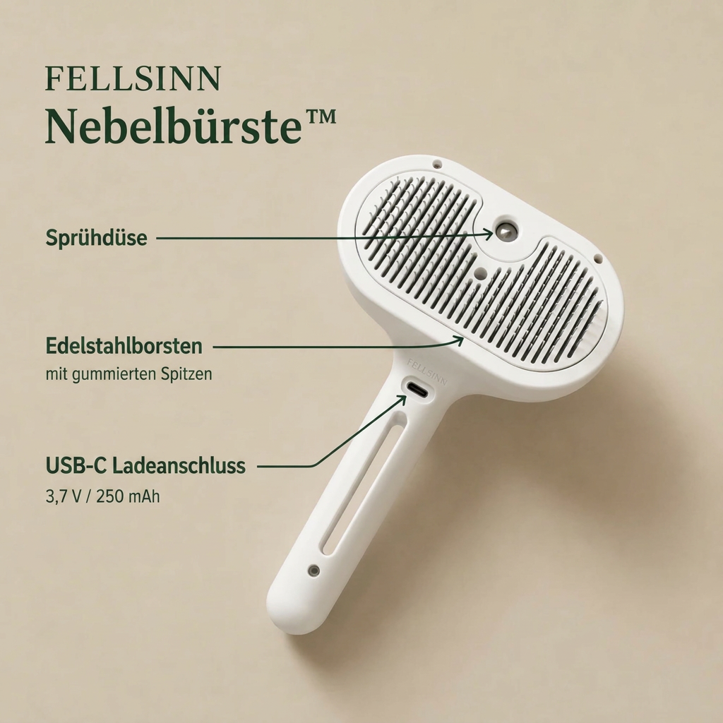 Fellsinn Nebelbürste™ im Detail: Sprühdüse, Edelstahlborsten mit gummierten Spitzen, USB-C-Ladeanschluss