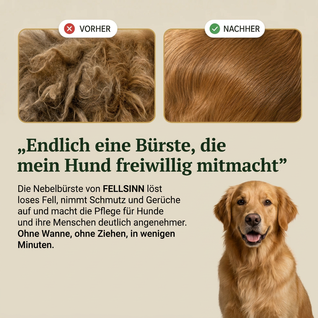 Hundefell vorher und nachher: verfilzt vs. glatt nach dem Bürsten mit der Nebelbürste™