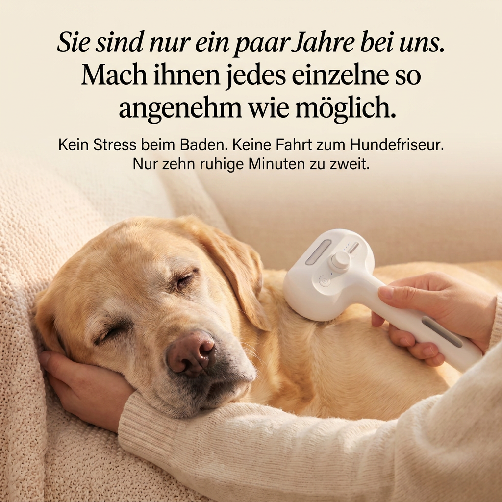 Schlafender Labrador wird mit der Fellsinn Nebelbürste™ gebürstet, ruhige Fellpflege zu Hause