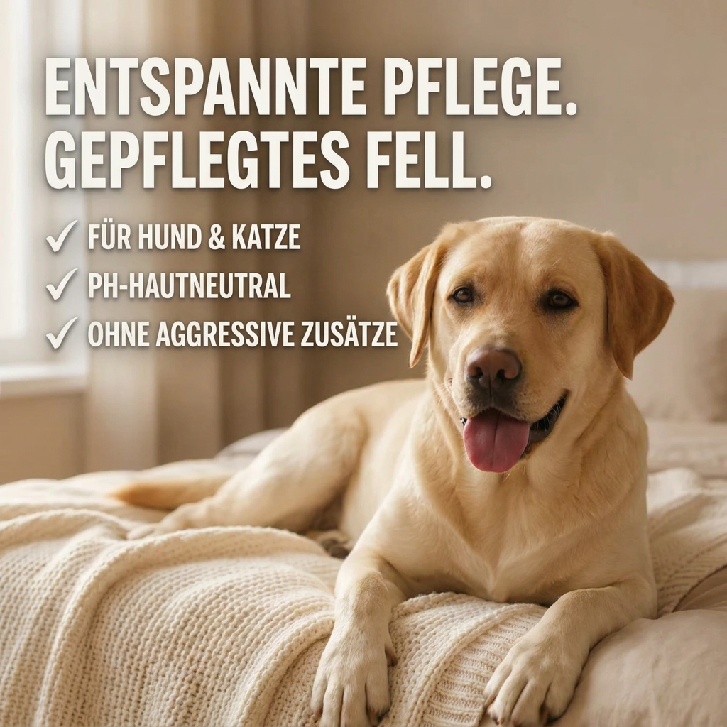 Labrador auf dem Bett: Nebelbürste™ für Hund und Katze, pH-hautneutral, ohne aggressive Zusätze